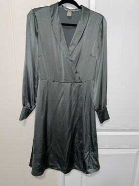 H&M Satin Wrap-Style Long Sleeve Dress in Sage Green